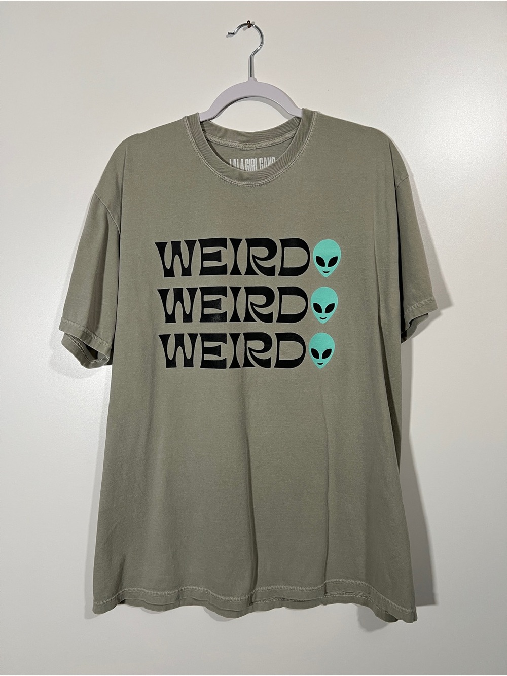 Dressed in LALA Weirdo Alien Baggy Tee in Tan with Blue Size S/M